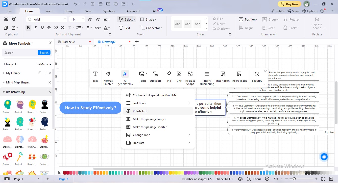 edraw ai mindmap option de polissage du texte