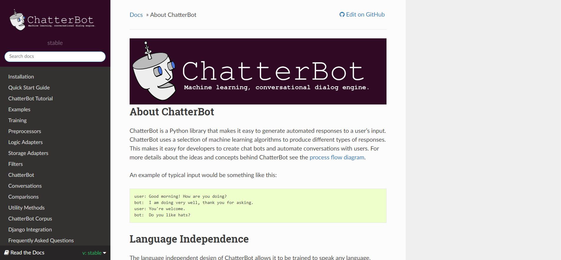 Écran d'accueil de la plateforme d'IA Chatterbot