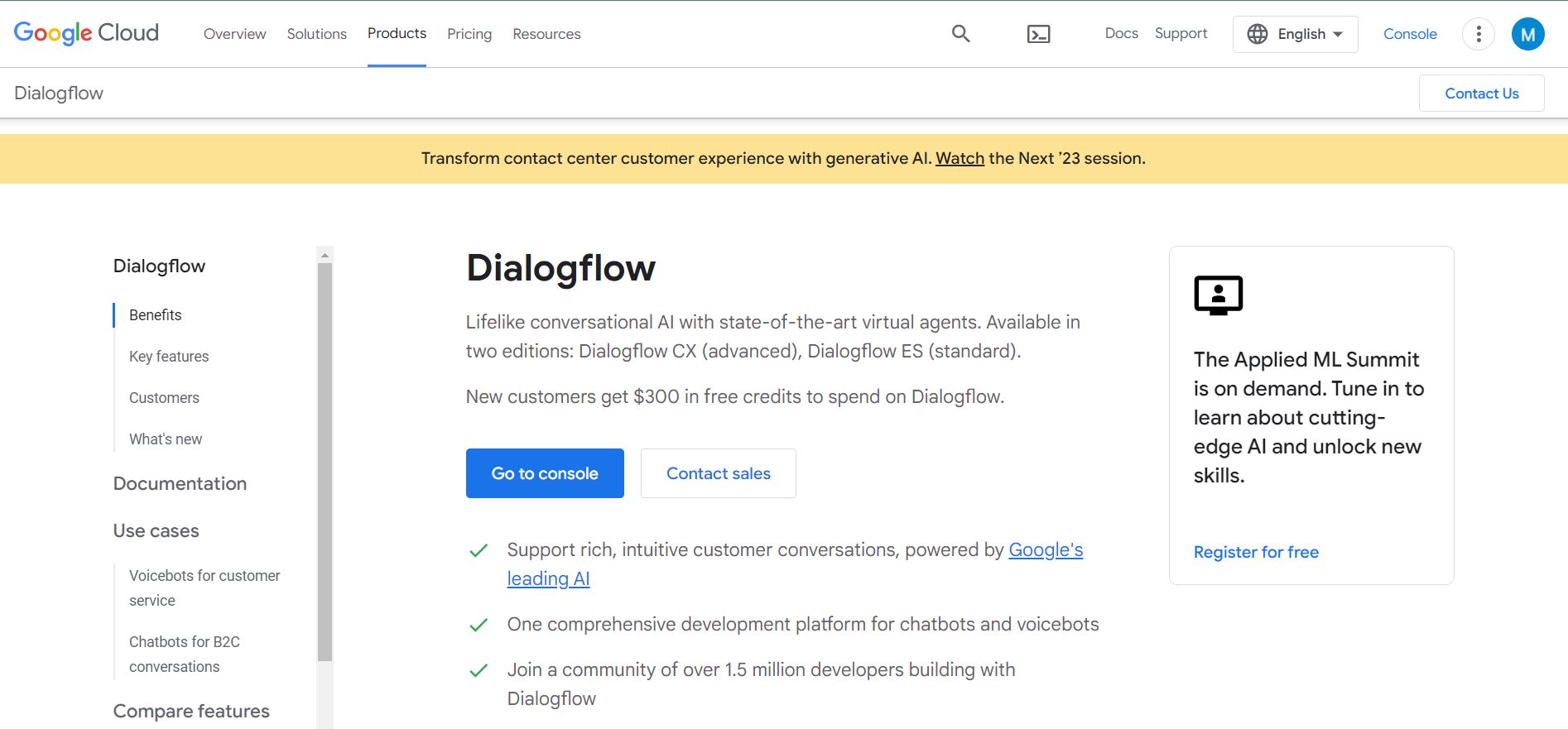 Dialogflow conversational AI platform home
	screen