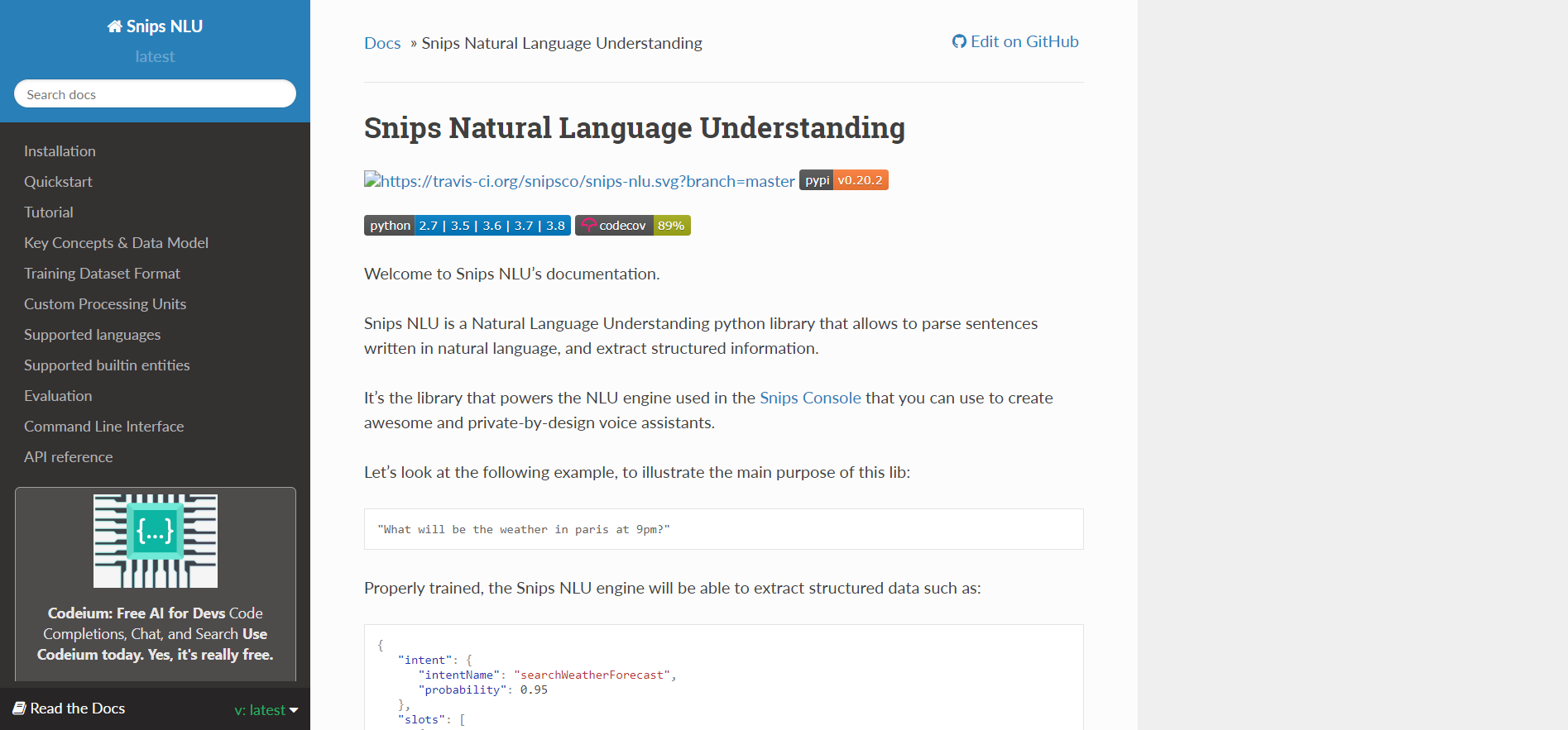 Écran de documentation du Snips NLU