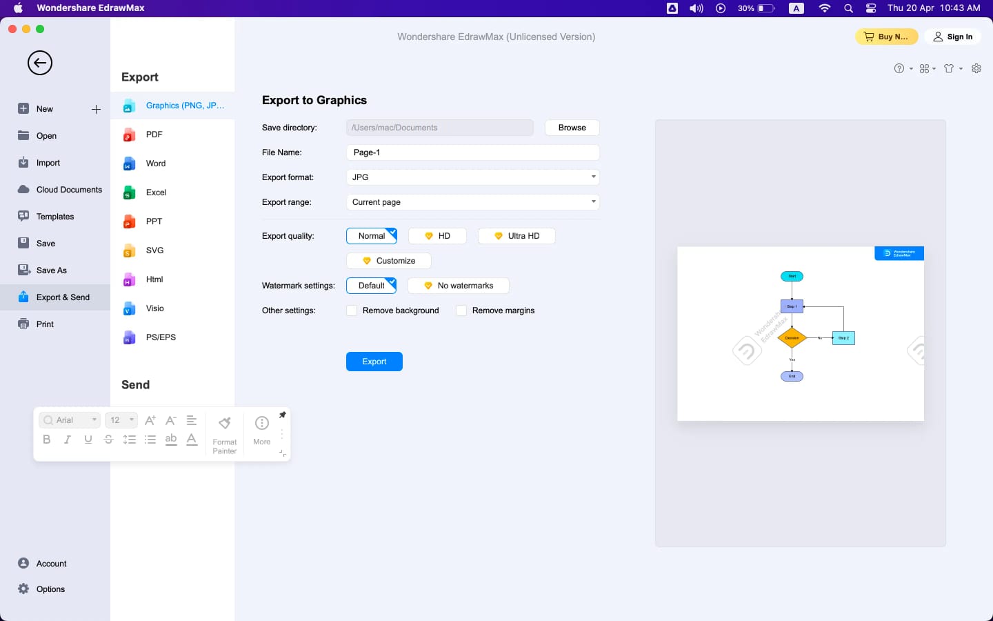 option graphique pour exporter l'organigramme