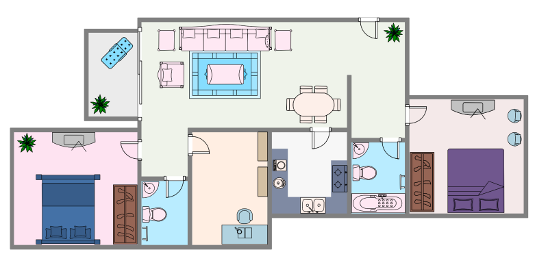 Colored Two Bedroom House Plan