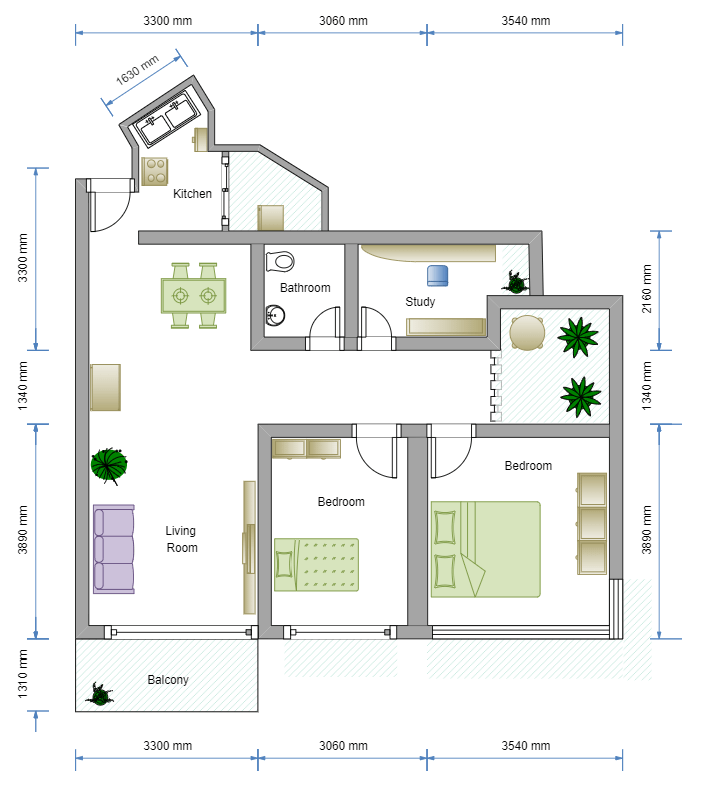 Plan de la maison de 2 chambres