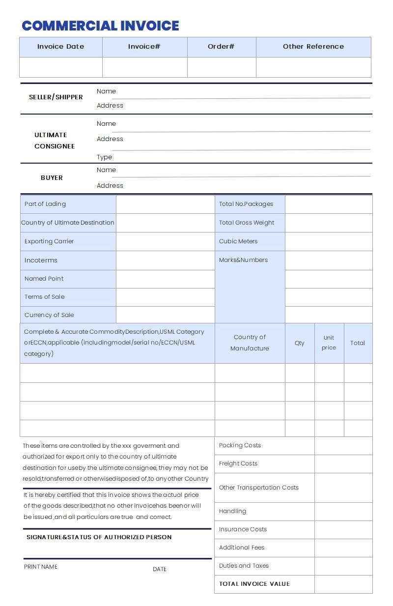 Template for Commercial Invoice