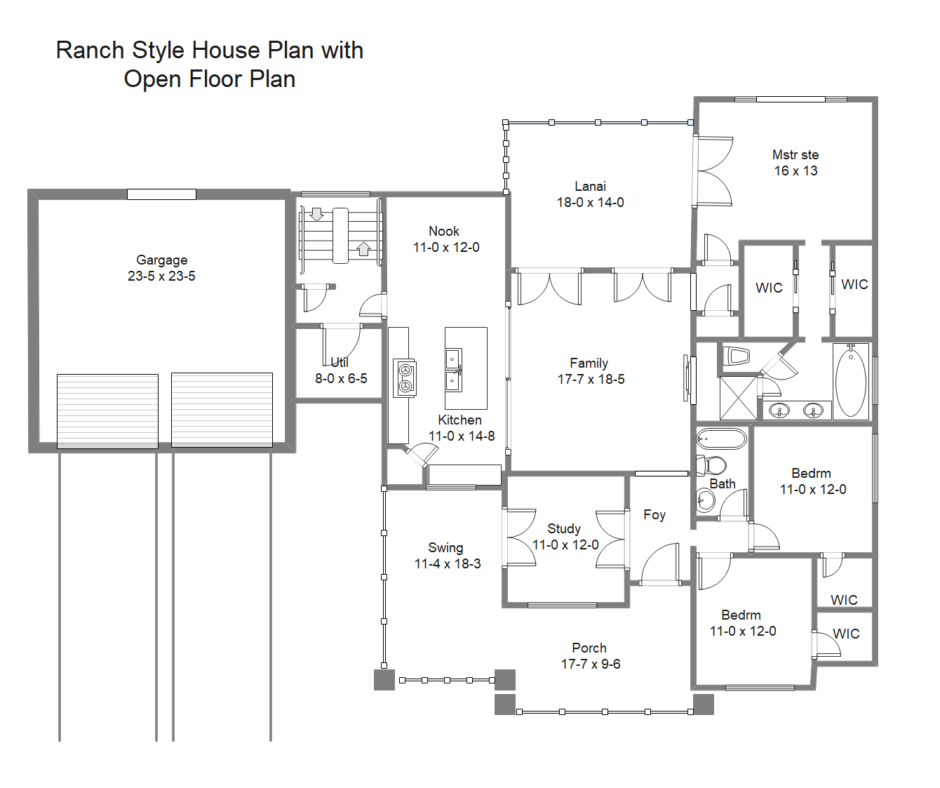 Plans de maison de style ranch avec plan d'étage ouvert