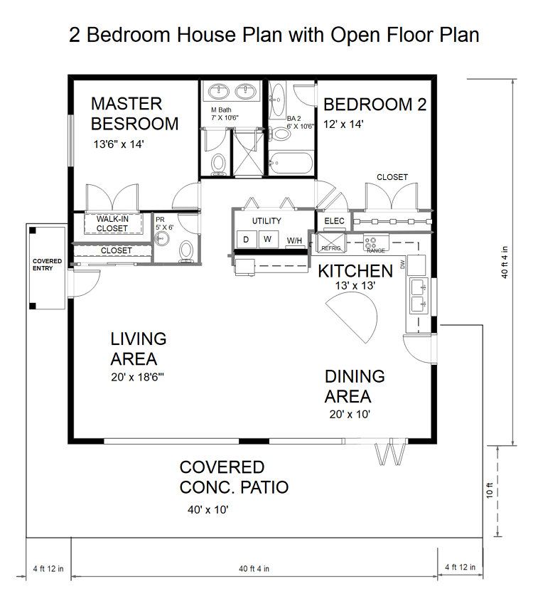 2-Schlafzimmer-Hausplan mit offenem Grundriss