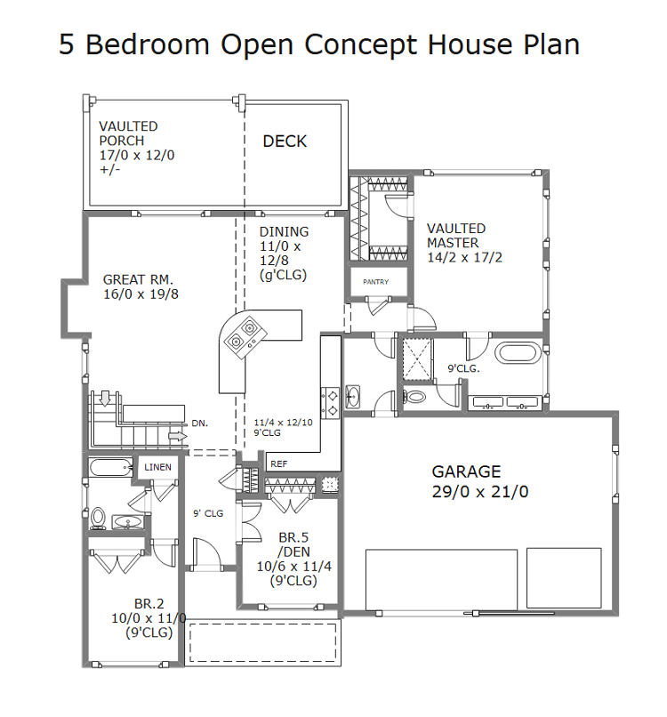Plan de maison à aire ouverte de 5 chambres