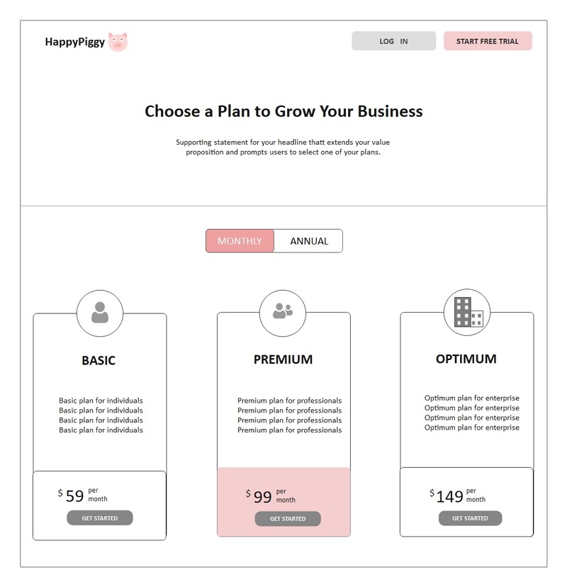 Pricing Page Website Wireframe