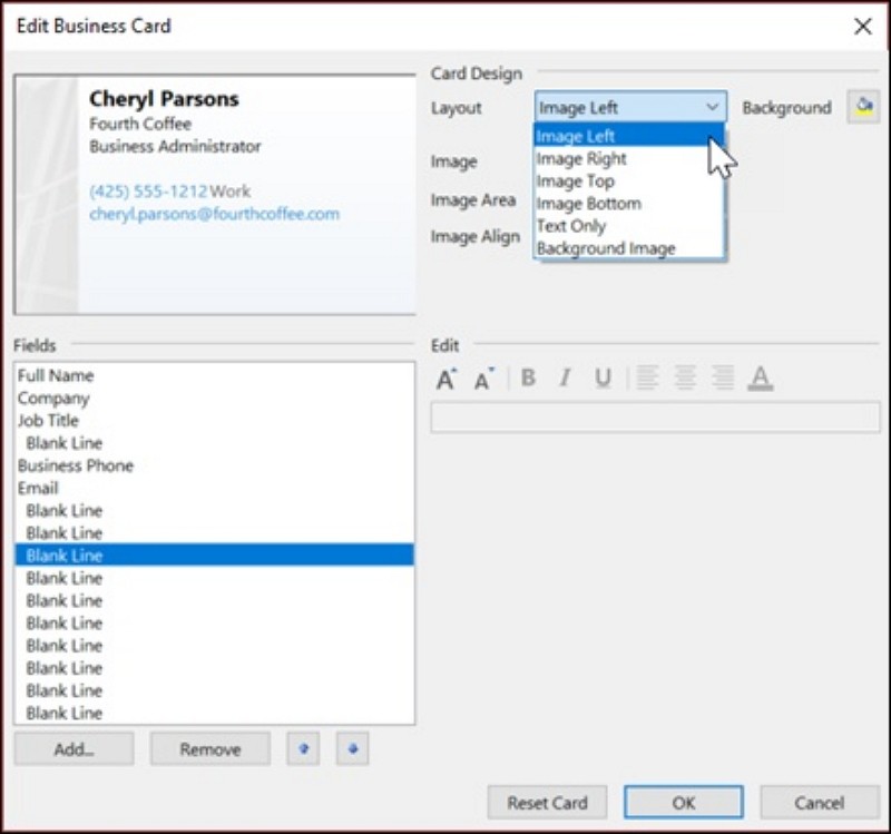how to make a business card in Outlook