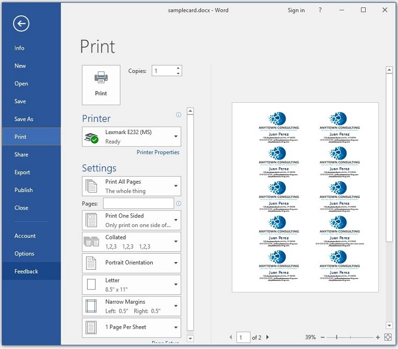 how to make a business card in Word