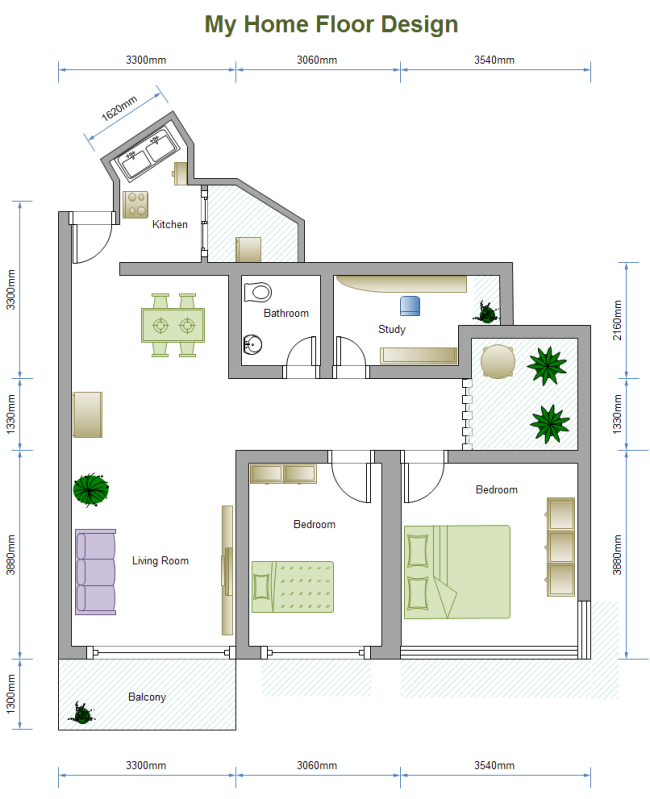 Plano de planta de 2 habitaciones