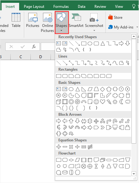elegir formas de la galería de formas en Excel