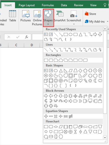 choose shapes from the shape gallery in Excel