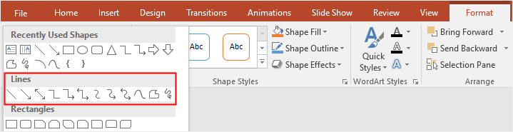 choose lines from the shape gallery in PowerPoint