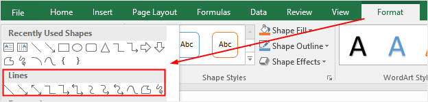 elegir una línea de la galería de formas en Excel