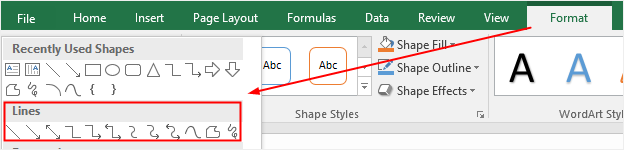 choose line from the shape gallery in Excel