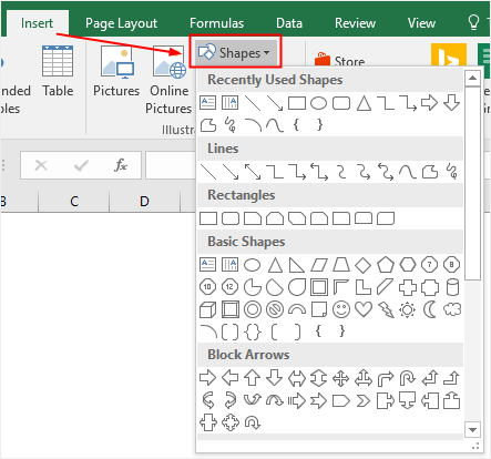 galería de formas en Excel