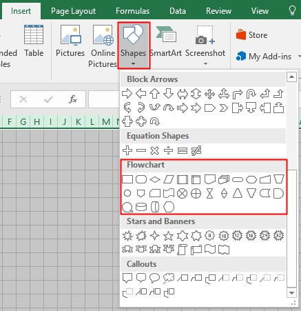 add flowchart shapes in Excel