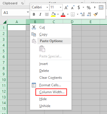 Opción de Ancho de Columna en Excel