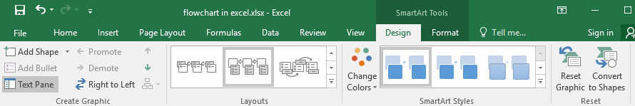 Pestaña de Diseño de las herramientas SmartArt en Excel