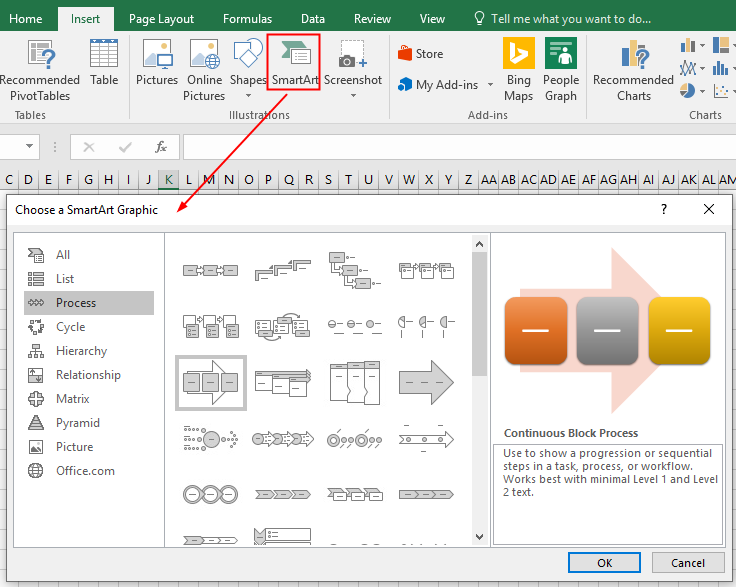 ventana para Elegir Gráfico de SmartArt en Excel