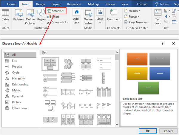 ventana Elegir un Gráfico de SmartArt en Word