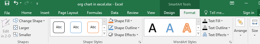 Excel中SmartArt工具的格式选项卡