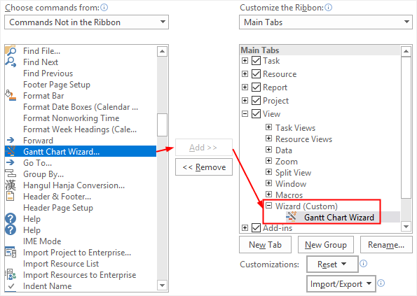 add Gantt Chart Wizard on the tab