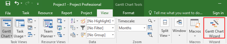 Bouton de l'assistant diagramme de Gantt dans l'onglet