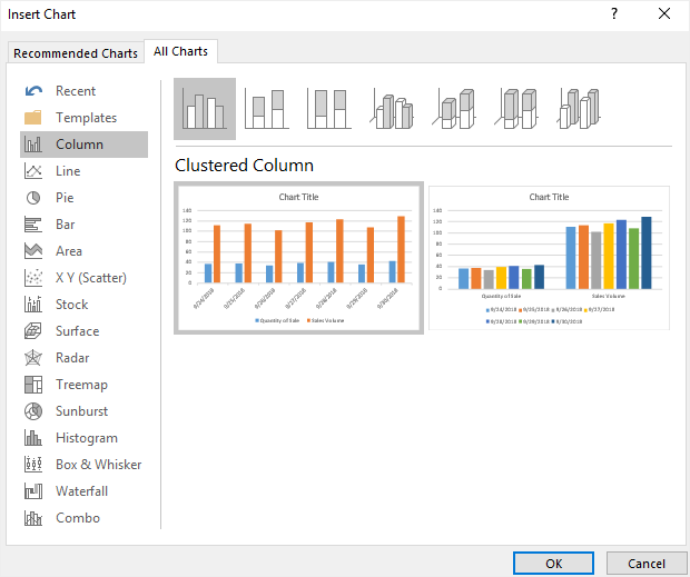 Fenêtre d'insertion d'un graphique dans Excel