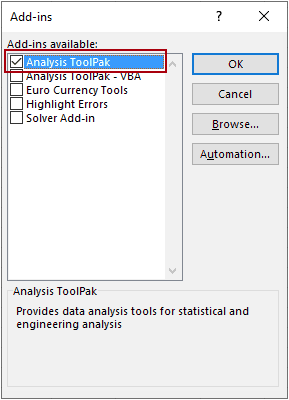 choisir Analysis ToolPak