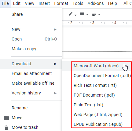 the download formats in Google Docs