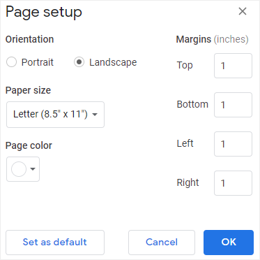 open the Page Setup dialog box in Google Docs