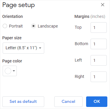 ouvrir la boîte de dialogue Mise en page dans Google Docs