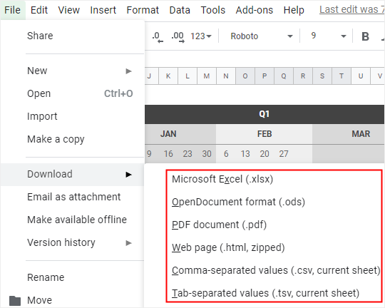 the download formats in Google Docs