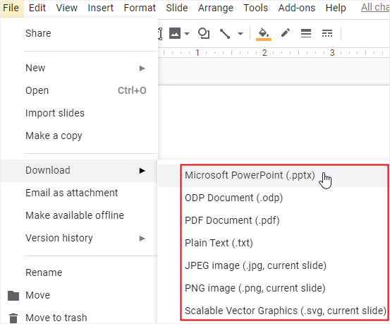 the download formats in Google Docs