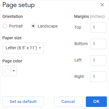 page setup dialog box