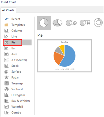 insert pie chart option