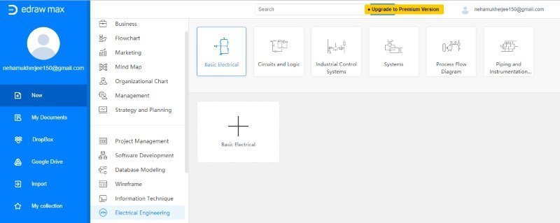 Haz clic en el icono + de Eléctrico Básico para crear el diagrama de cableado edraw online